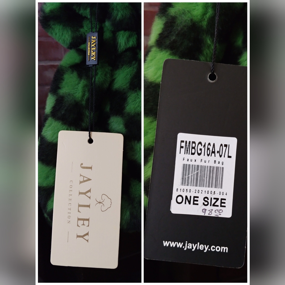 Jayley Collection Faux Fur Bag Purse Handbag Black & Green Checkered - Picture 5 of 11